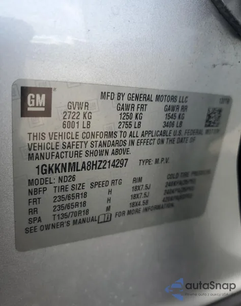 2017 GMC Acadia Slt-1 from USA, damaged, VIN 1GKKNMLA8HZ214297
